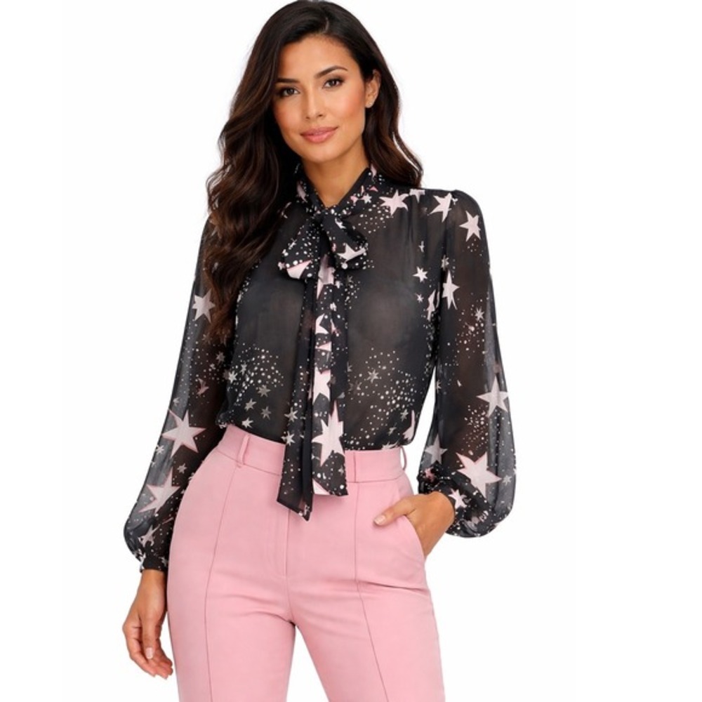 Eva Mendes New York & Co Star Print Bow Blouse Black Sheer M Modern Preppy 79-57